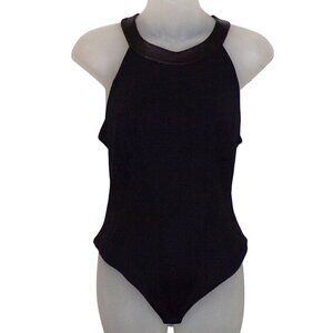 John Murrough Black Leather Trimmed Bodysuit Sexy Open Back Vintage 90's